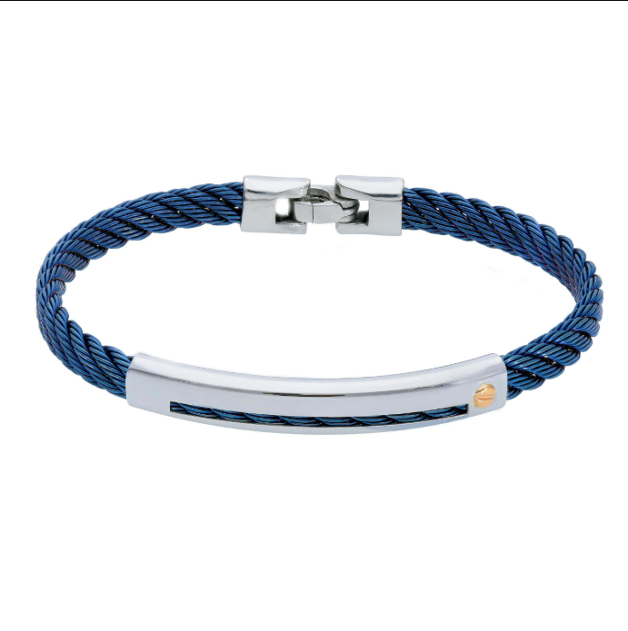 Herrenarmband Edelstahl+750/18K Gold/Baumwolle dunkelblau - 252237