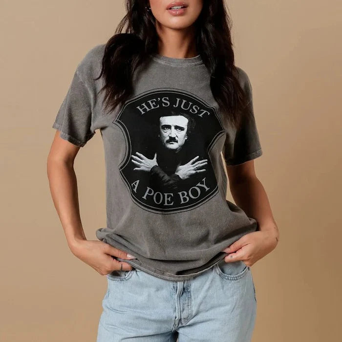Mineral wash gray shirt with black design, "He's just a poe boy" text, and picture of Poe with hands crossed on his chest