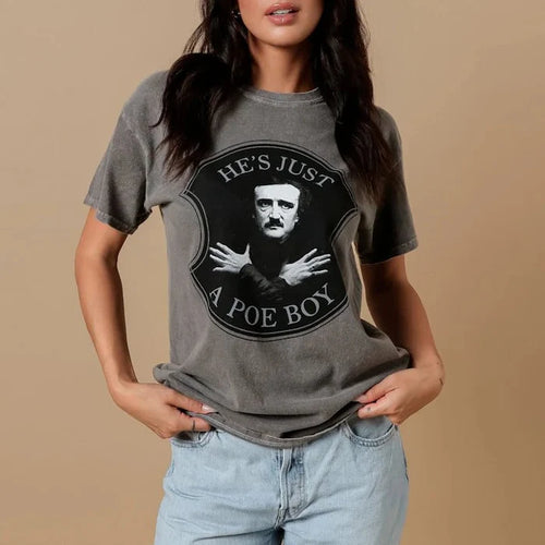 Mineral wash gray shirt with black design, "He's just a poe boy" text, and picture of Poe with hands crossed on his chest