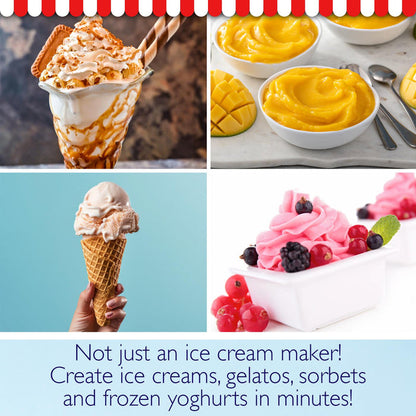 Collage of ice cream, gelato, sorbets, and frozen yoghurts with text promoting an ice cream maker. - Buy Now Ice Cream & Dessert Maker