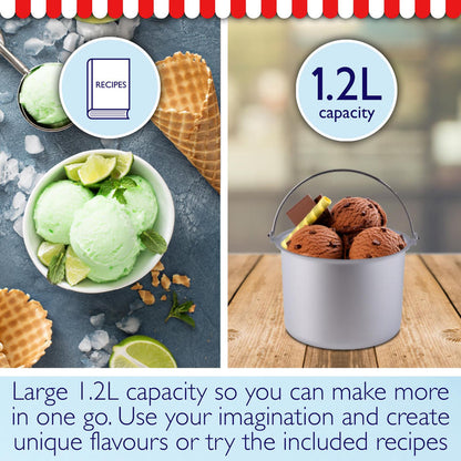 Green ice cream with waffle cones and a container of ice cream on a wooden surface. - Buy Now Ice Cream & Dessert Maker