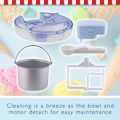 Ice cream maker components with text about ease of cleaning. - Buy Now Ice Cream & Dessert Maker