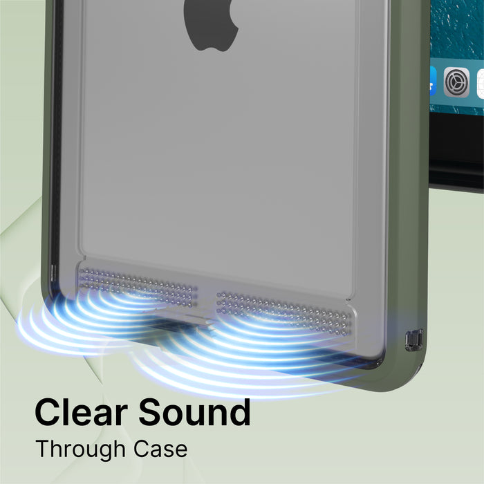 A close-up of the Catalyst Case US Waterproof Case for iPad (Gen 9/8/7), 10.2" in gray and green shows sound waves emerging clearly from speaker holes, with part of the screen visible. Text below: "Clear Sound Through Case.