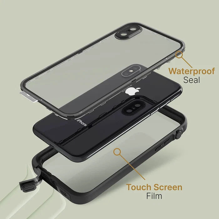 An exploded view of the iPhone Xs inside the Catalyst Case US Waterproof Case shows a top “Waterproof Seal,” middle iPhone, and bottom “Touch Screen Film” layer, all set against a light green background.