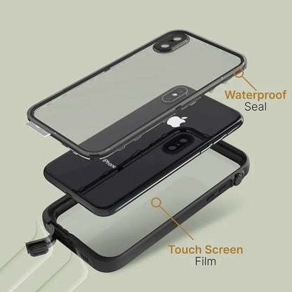 An exploded view of the iPhone Xs inside the Catalyst Case US Waterproof Case shows a top “Waterproof Seal,” middle iPhone, and bottom “Touch Screen Film” layer, all set against a light green background.
