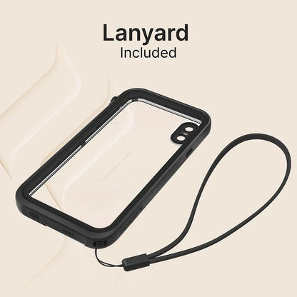 Catalyst Case US iPhone Xs Waterproof Case with black edges and a detachable black lanyard, shown on a beige background. Camera and port cutouts are precise. Large text reads “Lanyard Included,” highlighting the lanyard feature.