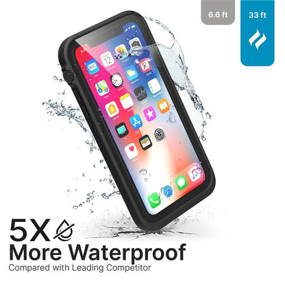 An iPhone Xs Max in a Catalyst Case US waterproof case is splashed by water. Text: “5X More Waterproof vs Leading Competitor.” Icons show 33 ft water resistance vs 6.6 ft for others. App icons are displayed on the phone’s screen.