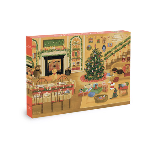 The Olleo Puzzles Jolly Christmas 1,000 Piece Jigsaw Puzzle features a festive illustrated living room with a decorated tree, fireplace, toys, and gifts—ideal for holiday fun and perfect for display when completed.