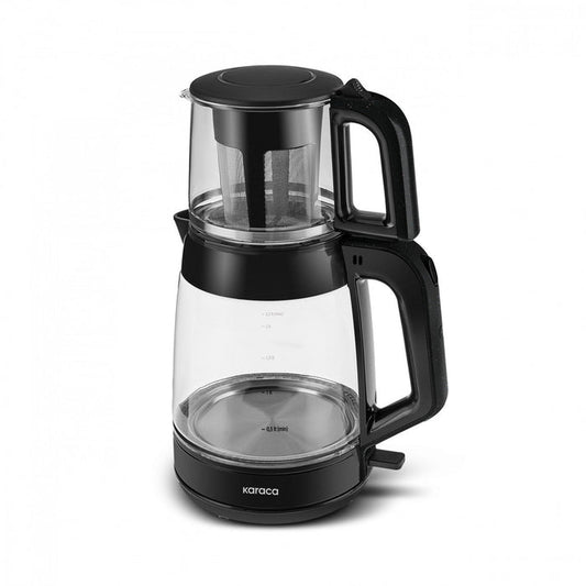 Karaca Glass Tea XL 2in1 Théière en Verre et Bouilloire Noir Brillant