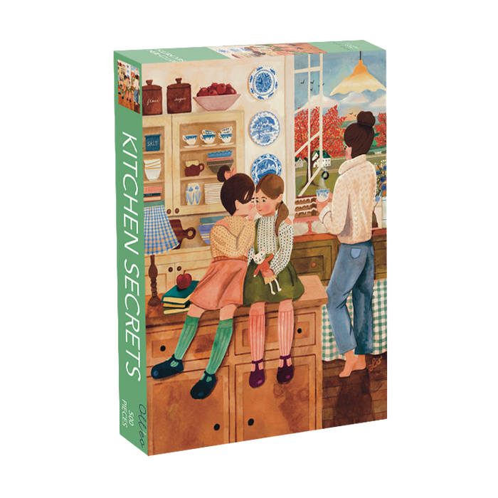 Kitchen Secrets | 500 Piece Jigsaw Puzzle by Olleo Puzzles features Elisabeth Dorrian’s cozy kitchen scene with three people; packaged in a reusable cotton bag.