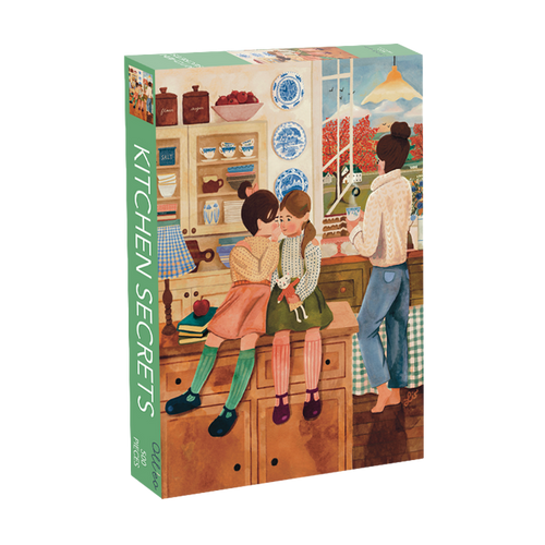 Kitchen Secrets | 500 Piece Jigsaw Puzzle by Olleo Puzzles features Elisabeth Dorrian’s cozy kitchen scene with three people; packaged in a reusable cotton bag.