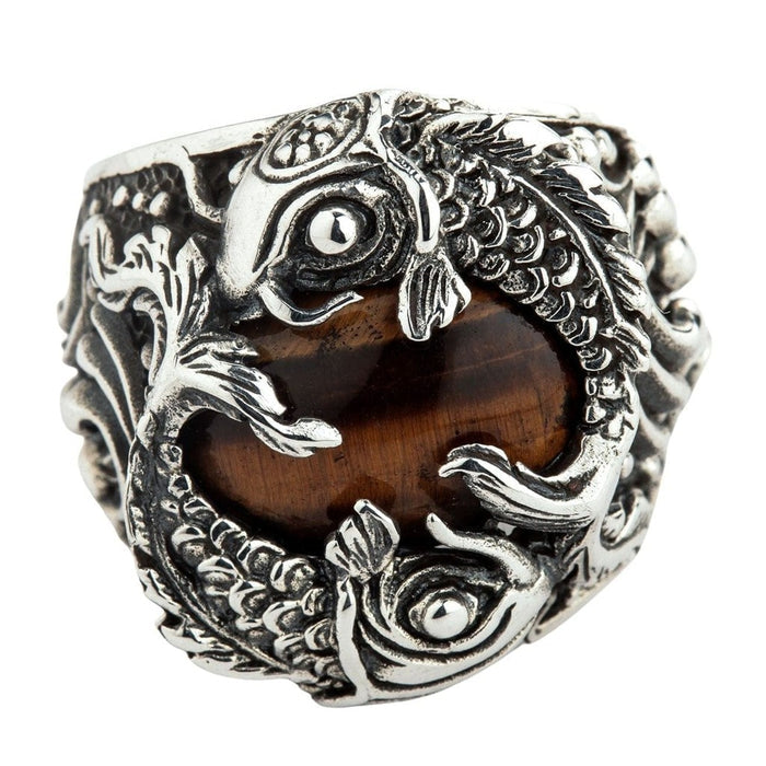 Japanese koi fish sterling silver ring with tiger eye stone front view showing detailed fish scales and gemstone