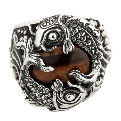 Japanese koi fish sterling silver ring with tiger eye stone front view showing detailed fish scales and gemstone