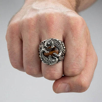 Men's koi fish tiger eye ring worn on hand showing size and fit of 925 sterling silver statement ring