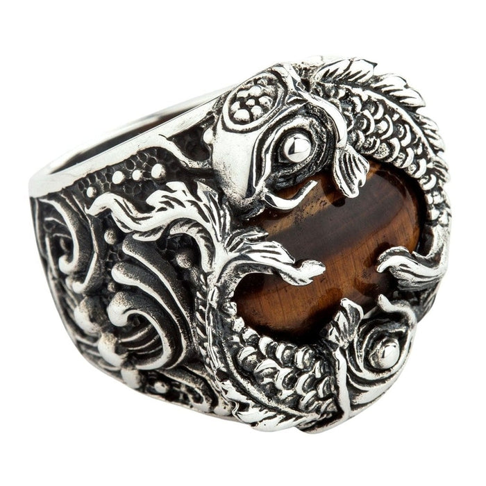 Left side view of tiger eye koi fish men's ring displaying detailed fish design and sterling silver craftsmanship