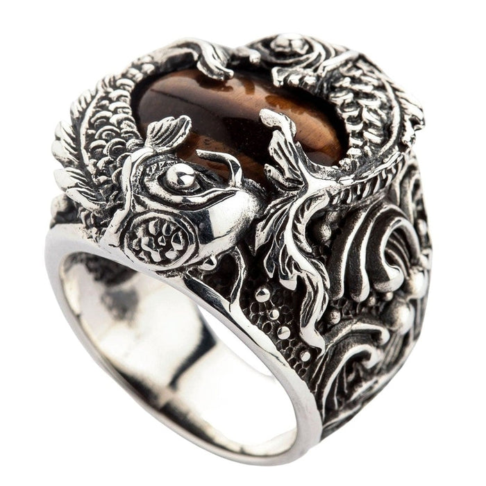Top angle view of Japanese koi fish ring with genuine tiger eye gemstone and swimming fish motif