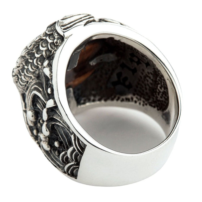 Interior view of koi fish ring showing 925 sterling silver hallmark stamp and polished inner band