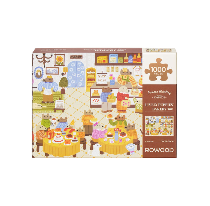 The Lively Puppies' Bakery 1,000 piece jigsaw puzzle by Robotime features playful cats and dogs in a bakery with cakes and pastries. Perfect for ages 14+.