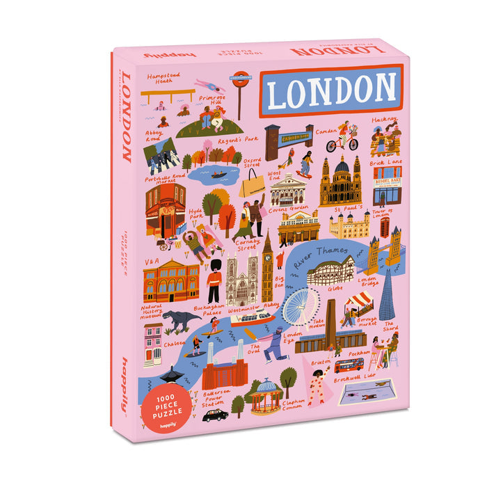 Happily Jigsaw Puzzles’ London | 1,000 Piece Jigsaw Puzzle features illustrated London landmarks on a pink background with “LONDON” in bold white letters on a blue banner.