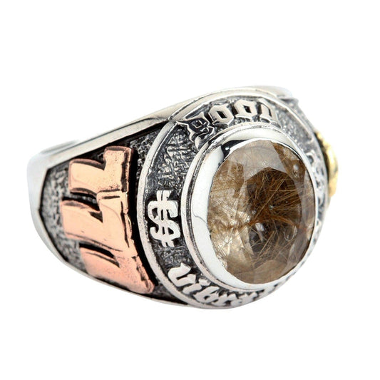 Front view of the lucky 777 ring, showing the copper 777 and rutilated quartz stone.