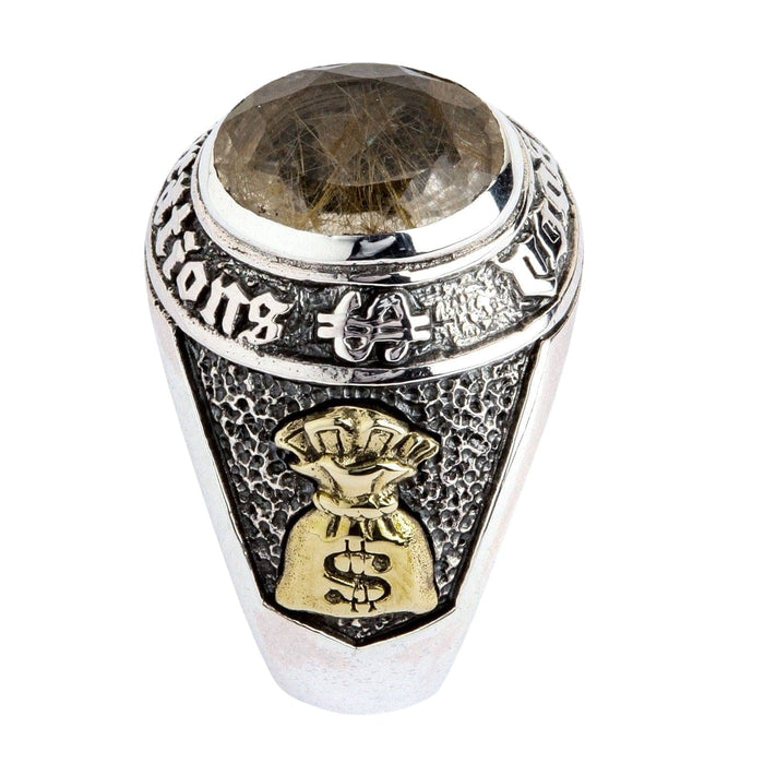 Money bag motif detail on sterling silver wealth ring