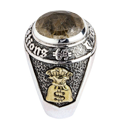 Money bag motif detail on sterling silver wealth ring