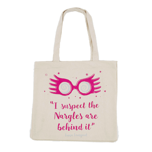 Tote bag with pink eyeglasses and text design on a white background