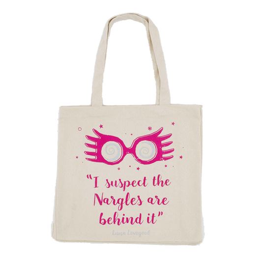 Tote bag with pink eyeglasses and text design on a white background