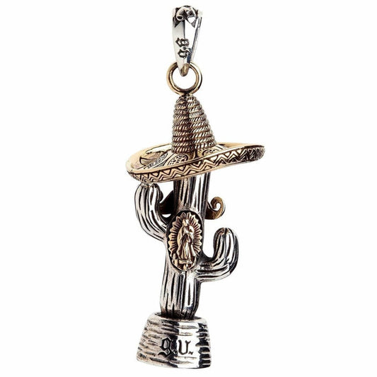 Sterling silver cactus pendant with brass sombrero and Our Lady of Guadalupe emblem front view