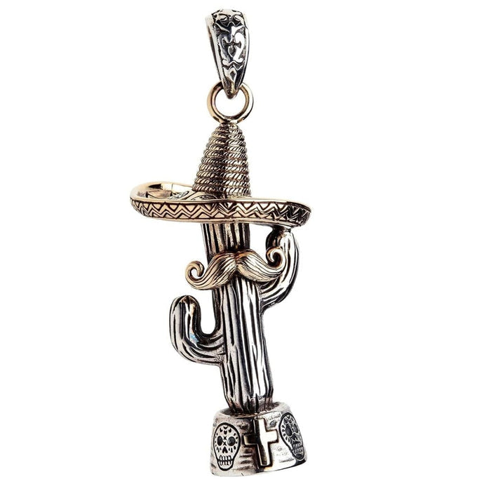 Handcrafted cactus pendant featuring brass sombrero and decorative mustache accent