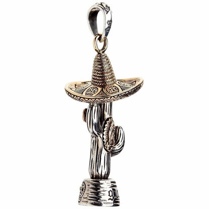 Back view of Mexican cactus pendant showing detailed brass sombrero craftsmanship