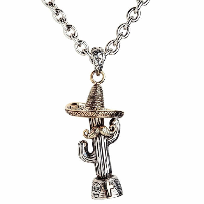 Two-tone cactus pendant with brass sombrero and mustache on silver link chain