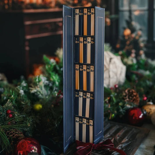 Advent calendar with a festive background featuring Christmas decorations.