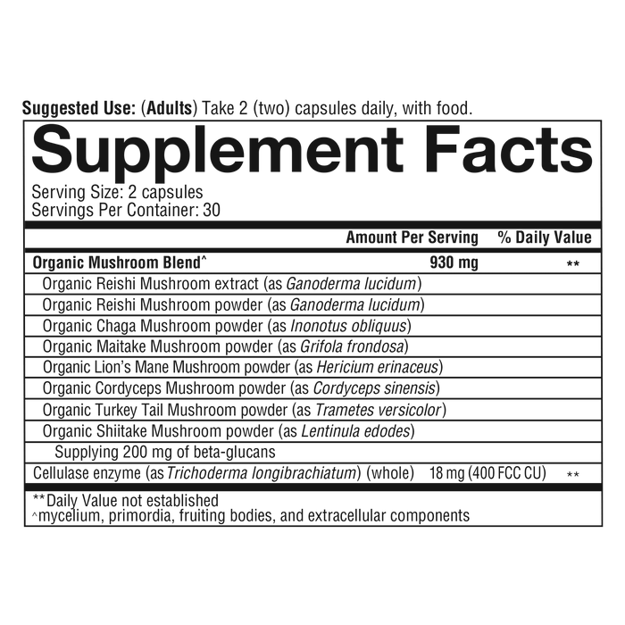 MCP.92075 Youtheory Mushroom Immune Complex 60 Capsules Nutrition Facts Panel