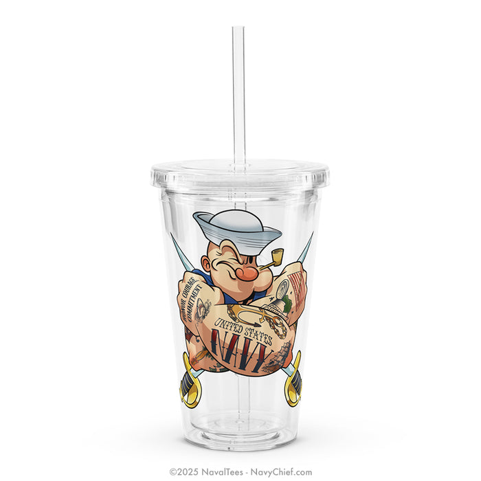 "Navy Tattooed Popeye" - 16oz Clear Plastic Tumbler
