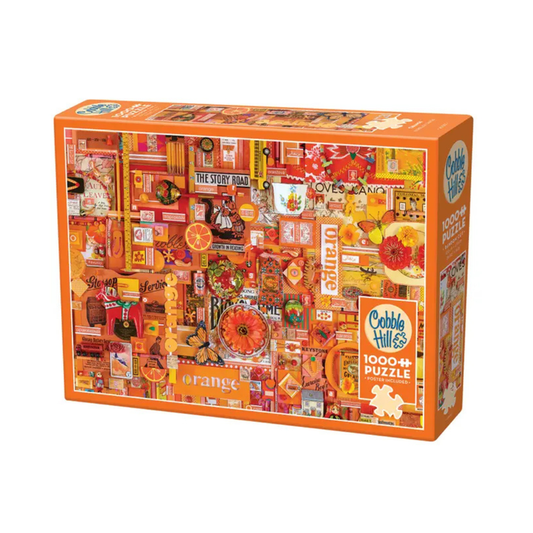 The Cobble Hill Orange | 1,000 Piece Jigsaw Puzzle showcases a vibrant orange-themed collage, perfect for those who enjoy unique and colorful challenges.