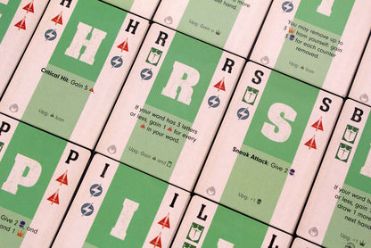 A stylish photograph of the Damsel's letter cards, used to spell words and defeat enemies.