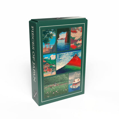 The Pieces of Japan | 99 Piece Jigsaw Puzzle by Penny Puzzle features vintage-style illustrations of Japanese landscapes, including Mount Fuji, temples, cherry blossoms, and traditional architecture—a charming collector’s item.