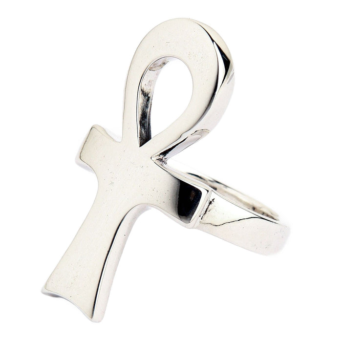 The Egyptian Key of Life ring in solid 925 sterling silver, shown at an angle on a clean white background.