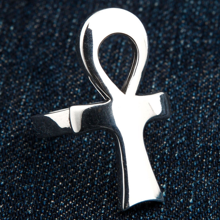 A piece of spiritual Egyptian jewelry, this sterling silver Ankh ring is shown standing up to display its form.