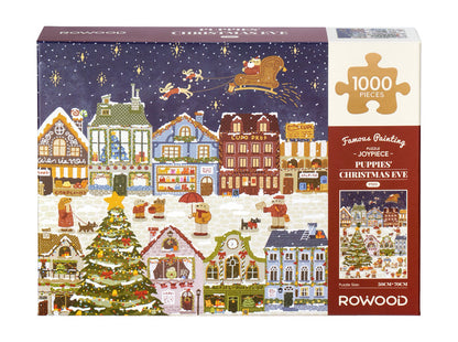 The Robotime Puppies' Christmas Eve 1000-piece jigsaw puzzle features a festive town, decorated tree, and Santa’s sleigh. Perfect for adult puzzlers, its finished size is ideal for framing.