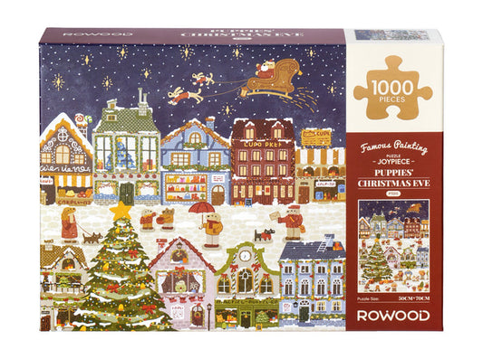 The Robotime Puppies' Christmas Eve 1000-piece jigsaw puzzle features a festive town, decorated tree, and Santa’s sleigh. Perfect for adult puzzlers, its finished size is ideal for framing.