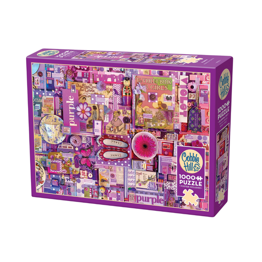 The Cobble Hill Purple | 1,000 Piece Jigsaw Puzzle features a collage of purple-themed items and books on the box front, showcasing mainly purple and pink shades.