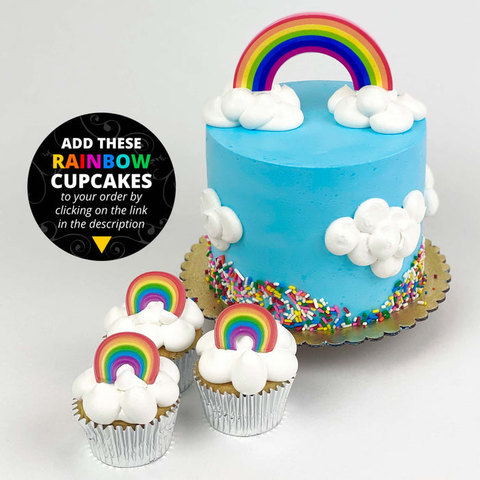 Rainbow and Clouds Cake. Add these rainbow cupcakes to your order by clicking on the link in the description.