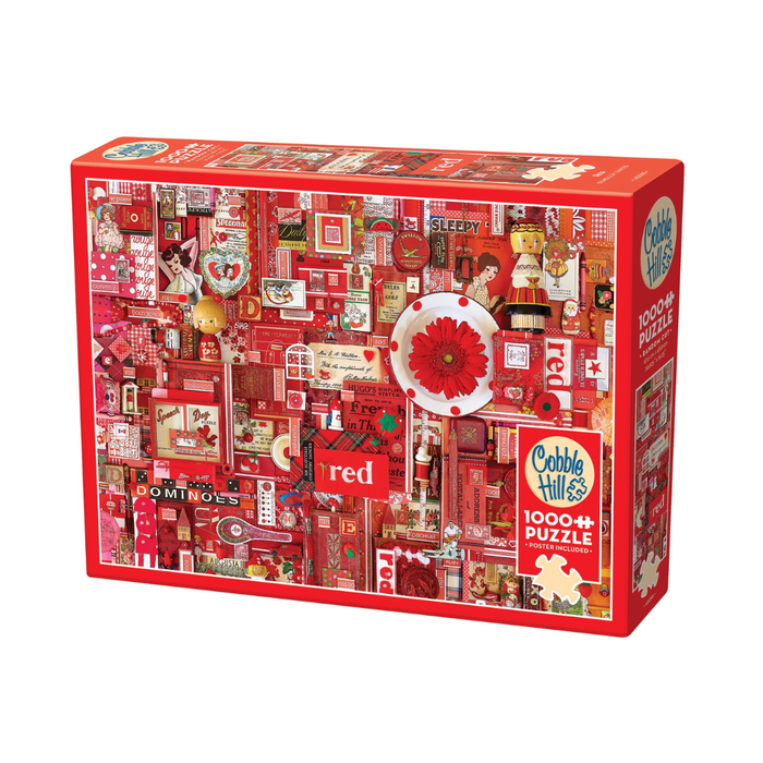 The Cobble Hill Red | 1,000 Piece Jigsaw Puzzle box showcases a vivid collage of closely arranged red-themed objects.