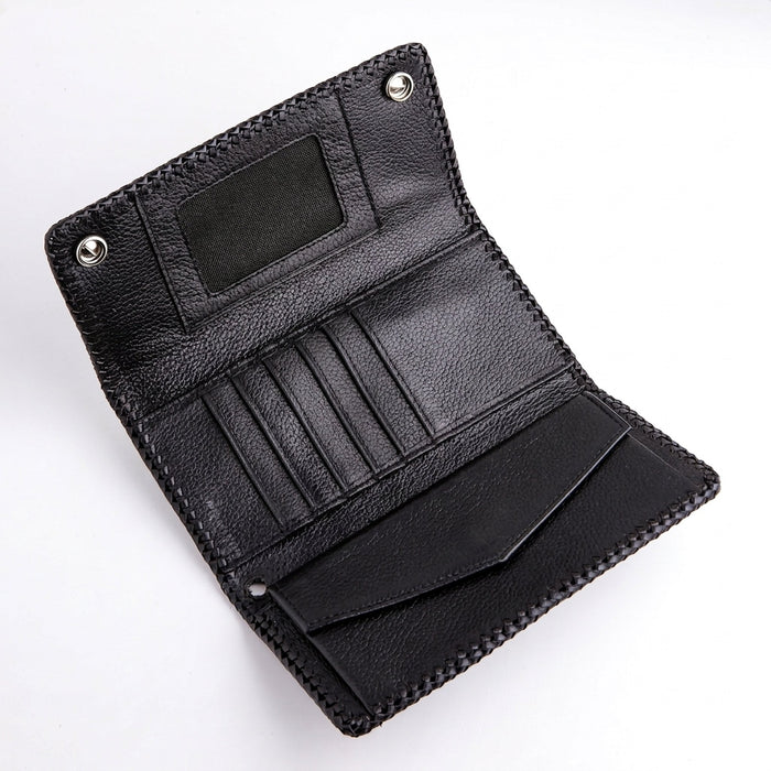 Interior of the long trucker wallet: clear ID window, six card slots, full-length bill bed, snap coin flap