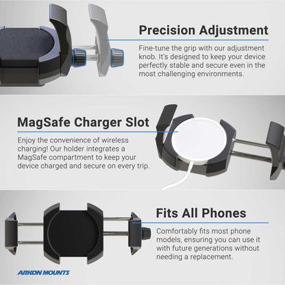 The RoadVise® Ultra Motorcycle Mount features adjustable grips, a MagSafe wireless charging slot, and wide device compatibility—shown with labeled highlights for precision adjustment, MagSafe charger slot, and broad fit.
