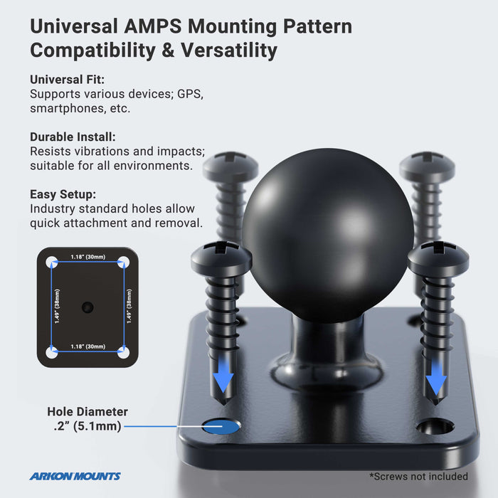 Introducing the Cup Holder Mount with Metal AMPS Mounting Pattern - 25mm: a sturdy black mounting plate featuring a ball joint and four screw holes, accompanied by four large screws. Universal AMPS fit ensures compatibility with a wide range of device holders for flexible and versatile setups. Designed for easy installation and long-lasting durability, this mount offers both convenience and reliability. An illustration details the precise hole diameters and spacing for proper fitment.