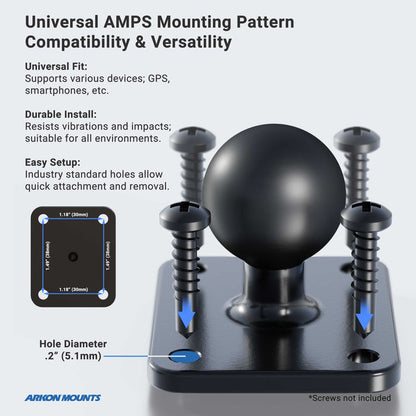 Introducing the Cup Holder Mount with Metal AMPS Mounting Pattern - 25mm: a sturdy black mounting plate featuring a ball joint and four screw holes, accompanied by four large screws. Universal AMPS fit ensures compatibility with a wide range of device holders for flexible and versatile setups. Designed for easy installation and long-lasting durability, this mount offers both convenience and reliability. An illustration details the precise hole diameters and spacing for proper fitment.