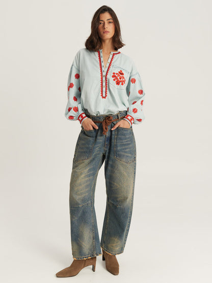 Robi Mid Blue Embroidered Denim Blouse